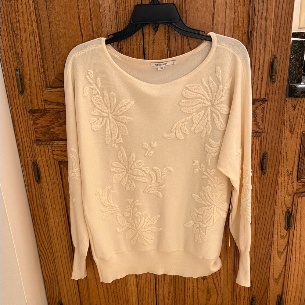 Chico's Cream Floral Embroidered Sweater